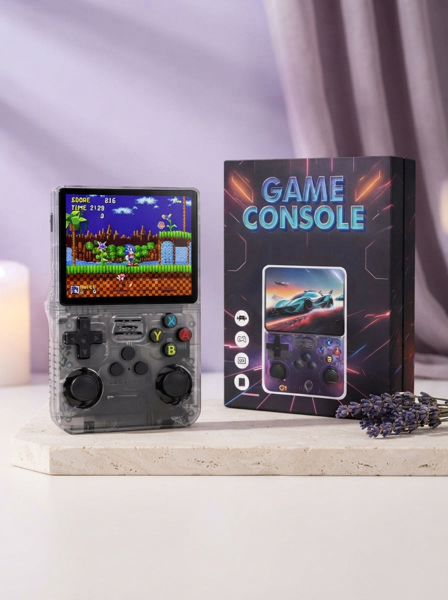 R36S handheld console with a retro game on its 3.5-inch IPS screen, displayed on a minimalist surface with soft lilac and cre