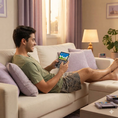 Young man playing a retro R36S handheld console in a cozy living room with soft lavender and cream decor.
