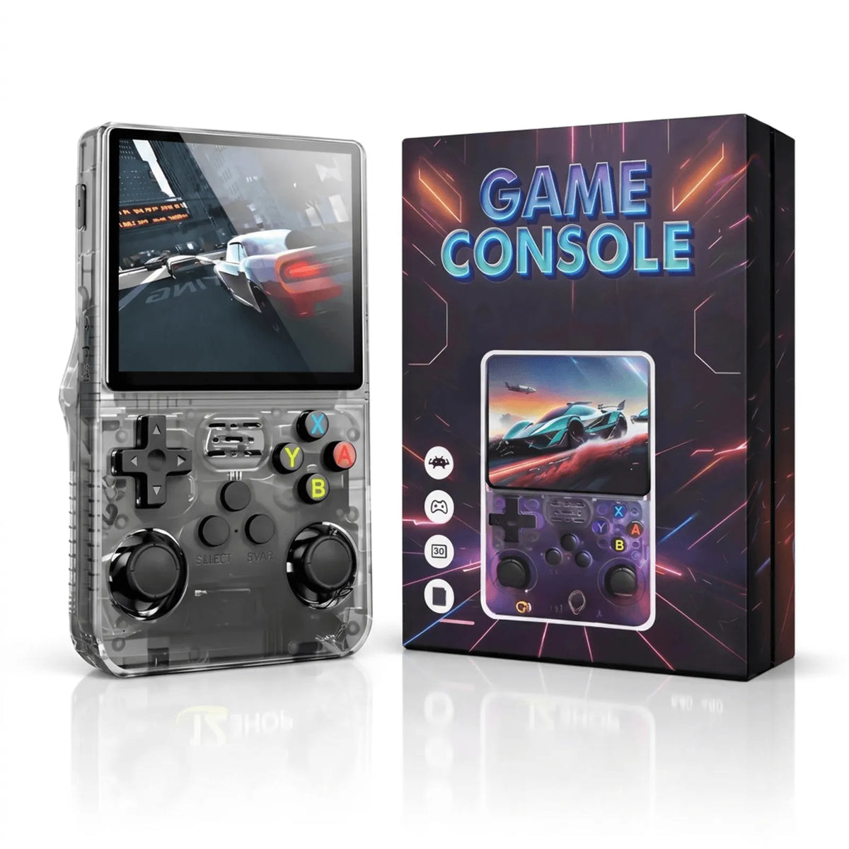 Console portátil R36S preto translúcido ao lado da embalagem